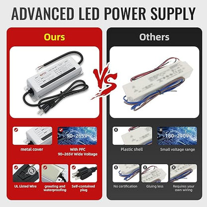 12 Volt LED Driver 150 Watts Waterproof IP68 Power Supply Low Voltage Transformer Adapter 90-265V AC to 12V DC 12.5A Converter for LED Strip, Indoor Outdoor Lighting Built-in Active PFC Function