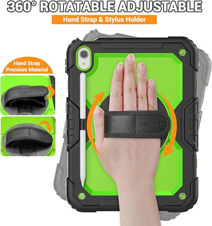 SEYMAC Case for iPad (A16) 11th/10th Generation 2025/2022 (11″/10.9″), Sturdy Heavy Duty Full-Body Shockproof Protective Case with Screen Protector, Rotating Stand, Hand/Shoulder Strap, Black/Green
