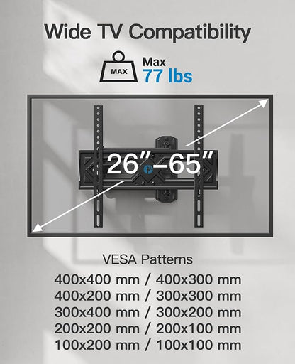 Pipishell Full Motion TV Wall Mount for 26-65 Inch Flat Curved TVs, Heavy Duty Single Articulating Arms, Corner TV Mount Up to VESA 400x400mm and 77lbs, Support Swivel, Tilt, Level Adjustment