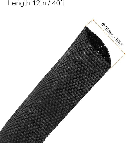 MECCANIXITY Braided Cable Sleeves Heat Shrinkable Fabric Sleeving, 5/8" 40ft Black 2:1 Ratio Heat Shrinkable Cord Protector for Harness Cable, Network Cable Protection, Cable Management