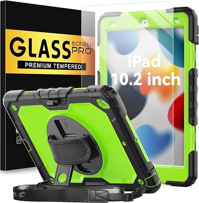 BLOSOMEET Case for iPad 9th/8th/7th Generation 2021/2020/2019 10.2 Inch with Tempered Glass Screen Protector & Pencil Holder,Protective Kids iPad 10.2 Case Cover w/Stand Hand Shoulder Strap,Green