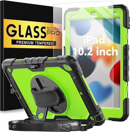 BLOSOMEET Case for iPad 9th/8th/7th Generation 2021/2020/2019 10.2 Inch with Tempered Glass Screen Protector & Pencil Holder,Protective Kids iPad 10.2 Case Cover w/Stand Hand Shoulder Strap,Green