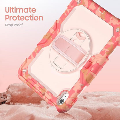 SCSVPN Kids Case for iPad (A16) 11th/10th Generation 11/10.9 inch 2025/2022, Shockproof Rugged Cute Rainbow Cover for iPad 11/10 with Pencil Holder, 360 Rotating Stand, Hand/Shoulder Strap, Camo Pink