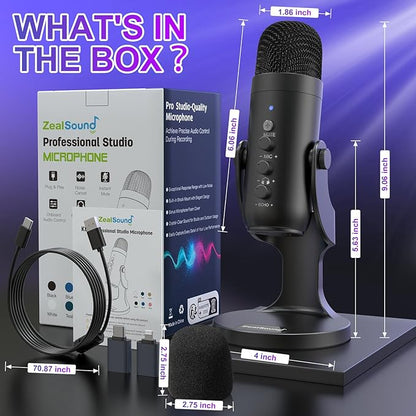 ZealSound USB Microphone,Condenser Computer PC Mic,Plug&Play Gaming Microphones for PS 4&5.Headphone Output&Volume Control,Mic Gain Control,Mute Button Vocal,YouTube Podcast on Mac&Windows(Black)