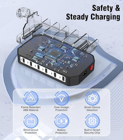 [2025 Upgraded] 6 IN 1 Fast Charging Station for Multiple Device【Durable & Safe Charging】6 Ports Charging Dock Organizer with 6 Cables & 2 Stands for Cellphone/Tablet/Kindle/iWatch & Other Electronic