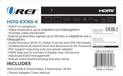 OREI 4K 1x2 HDMI Over ethernet Extender Splitter Over CAT6/7 ethernet Cable 4K@30Hz up to 165 ft - 1 in 2 Out, 1080P@60Hz Upto 230 ft, PoC, IR Control, EDID, HDMI Loop Out (HD12-EX165-K)