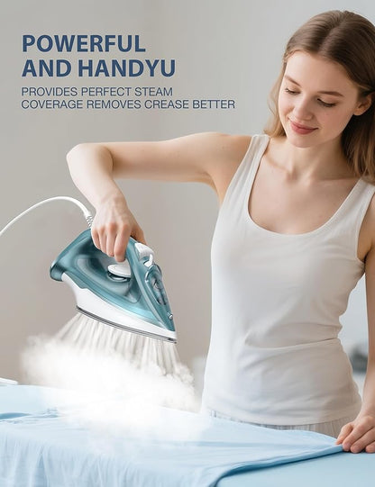 Steam Iron for Clothes - 1500W Iron with Ceramic Coated Soleplate, Rapid Heating, Self-Cleaning, Auto-Off, 11.84oz Water Tank, Precise Thermostat, Home Use Green