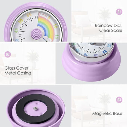 Teeloray Visual Timer for Kids Rainbow Kitchen Timer with Magnetic Base Mechanical Timer 60-Minute Countdown Timer Ringer Alert Time Management Tool for Children and Adults Study Work Cooking, Purple
