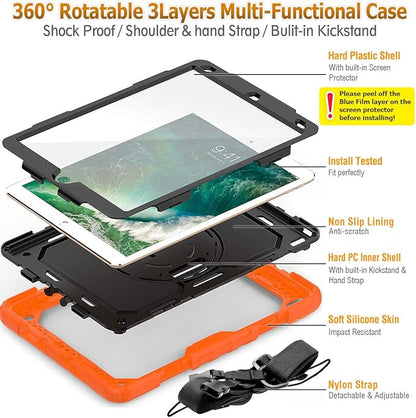 SEYMAC stock Case for iPad Air 3 2019 / Pro 10.5'' with Screen Protector Pen Holder [360° Rotate Hand Strap/Stand], Drop-Proof Case (Black+Orange)