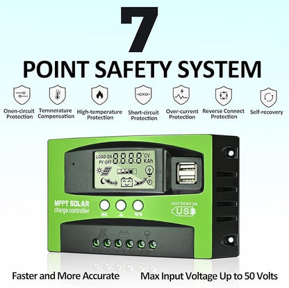 100A MPPT Solar Charge Controller 12v/24v Current Auto Focus MPPT Tracking Charge with LCD Display Dual USB Solar Regulator Charge Controller Multiple Load Control Modes