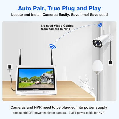 Cromorc Expandable 16CH NVR Wireless Security Camera System with 12.5" Monitor, 4PCS 5MP Surveillance Camera Human Detection, Spotlight, Siren Alarm, 2-Way Audio, Night Vision, 3TB HDD