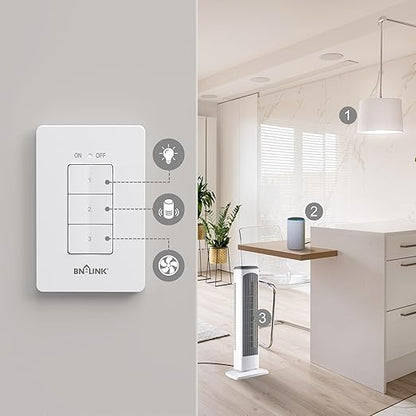 BN-LINK Mini Wireless Wall-Mounting Remote Control Outlet Switch Power Plug in for Household Appliances, Wireless Remote Light Switch, LED Light Bulbs, White (3 Outlets)
