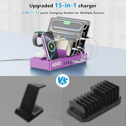 600w Charging Station for Multiple Devices, 15 in 1 Wireless Charger with 2pack 100w USB C Charger Cable, Dual 100w USB C Tablet Charging Station for MacBook,iPhone,iPad,Tablet(Purple)