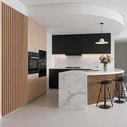 Art3d 2-Pack Acoustic Wood Slat Wall Panel with Roll-Flat Design - 95.3 x 23.8 Inch Sound Absorbing Panels for Living Room Columns Corridor Curved Wall Decor, Teak