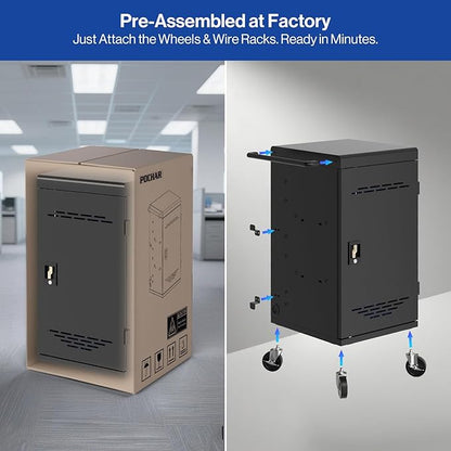 Fully Assembled 30 Unit Device Charging Station for Chromebook, iPad, 14'' Laptop - Charging Cart with Charger Cable Management, Circuit Breaker, Grounding Protection