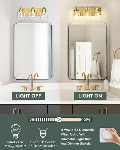 METWET Bathroom Light Fixtures, 3-Light Modern Vanity Light with Clear Glass Wine Glass-Shaped Shade, Vanity Lighting Fixtures Over Mirror, Brushed Gold, VL155-BG-3