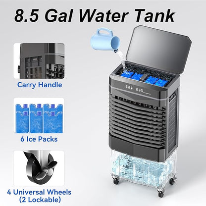 Auertech 8.5 Gal Swamp Cooler, 2800 CFM Portable Evaporative Air Cooler with 3 Speeds, Remote, 12H Timer, 120°Oscillation, Portable Air Coolers for Room, Garage, Bedroom