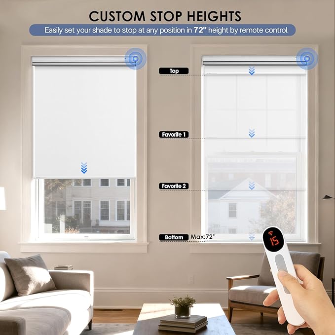 Motorized Blackout Smart Roller Blinds with Remote Control & Solar Panel - Automatic Electric Shades for Windows, Compatible with Alexa - White,34¼"W*72" H