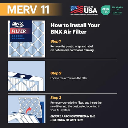 BNX 20x25x1 MERV 11 Air Filter 2 Pack - MADE IN USA - Electrostatic Pleated Air Conditioner HVAC AC Furnace Filters - Removes Dust, Mold, Pollen, Lint, Pet Dander, Smoke, Smog
