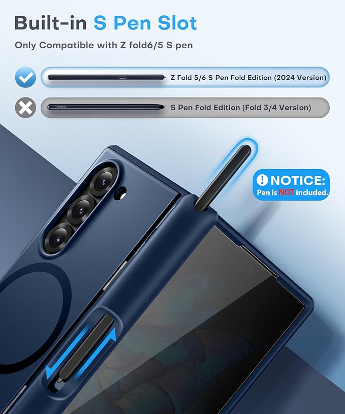 BERFY Magnetic for Samsung Galaxy Z Fold 6 Case with Privacy Screen Protector, [Compatible with MagSafe][Anti Spy]Built-in S Pen Holder & Kickstand, Full-Body Shockproof Phone Case for Z Fold 6, Blue