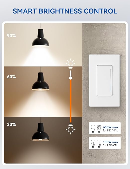 ELEGRP Smart Dimmer Light Switch DTR10, Single Pole Setup, 2.4GHz Wi-Fi Touch Dimmer Compatible with Alexa and Google Assistant, Needs Neutral Wire, No Hub Required, UL and FCC Listed, White, 1 Pack