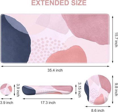 iCasso Desk Mat, Gaming Mouse Pad Wrist Support Set, XXL Large Mousepad + Keyboard Wrist Rest+Mouse Wrist Rest+Coastert with Ergonomic Design for Home Office Computer (C-Four-Pink-Block)