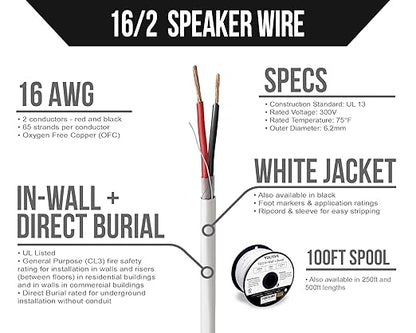 Voltive 16/2 Speaker Wire, in-Wall CL3 & Direct Burial, White, 100ft - 16AWG, 2 Conductors, Stranded Oxygen-Free Copper, UL Listed - V-1210-2