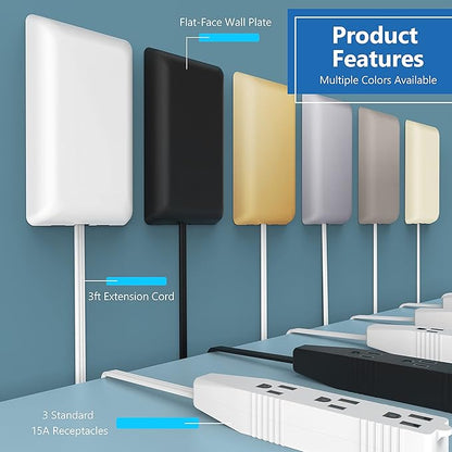 LIDER Flat-Face Outlet Extender with 3 Receptacles, Ultra-Thin Wall Plate Plug with Cord Extender and 3-Outlet Power Strip, 3ft Cord, LWE3-315-NK, ETL-Listed, Nickel
