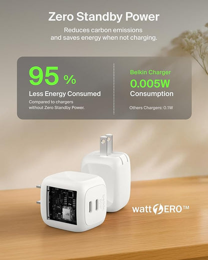 Belkin 2-Port USB C Charger Block 50W, Dual-Port GaN Charger w/ 2X USB C Ports & Included 1M C-C Cable, Fast Charging for MacBook, iPhone, iPad, Chromebook, Galaxy, Pixel - Travel Essentials - White