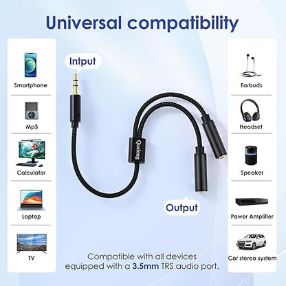 Quelong 1Pcs Headphone Splitter, Dual Headphone Nylon Braided Extension Cable, Hi-Fi Audios Stereo Y Splitter 3.5mm 2 Female 1 Male, Suitable for Phones, PS4, Amplifiers, Smartphones, Tablets,etc.