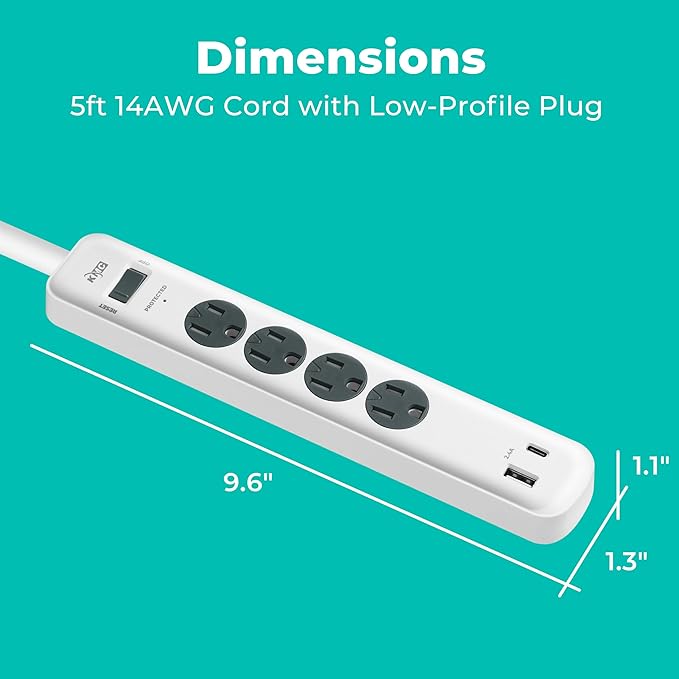 KMC 4-Outlet Surge Protector Power Strip, 1 USB-A & 1 USB-C Port, Power Strip Surge Protector, 840J Surge Protection, 5ft Extension Cord, 3-Prong Low-Profile Flat Plug, UL/ETL Certified, White