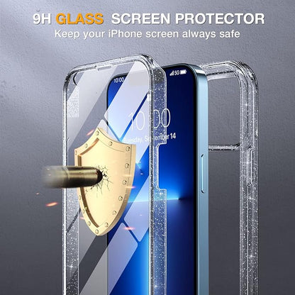 Miracase Glass Case for iPhone 13 Pro Max 6.7 inch, Upgrade Full-Body Clear Bumper Case with Built-in 9H Tempered Glass Screen Protector for iPhone 13 Pro Max, Clear Glitter