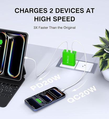 2 Pack 60W USB C Fast Charger Block,5-Port Type C Wall Charger Brick,2 USB A & 3 USB C PD3.0 Power Adapter Multiport Charging Plug Box for iPhone 13/14/15/16/17,Pad Mini/Pro, Cellphones(Green)