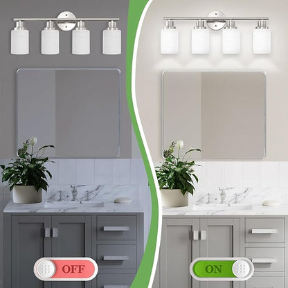 Guliaofo 4-Light Brushed Nickel Vanity Lights for Mirror, Bathroom Light Fixtures with Textured Milky White Glass Shade, Modern Kitchen Light Fixtures Wall Sconce Light - E26 Base
