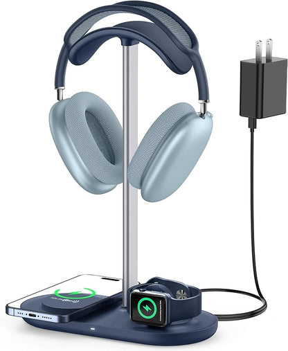 HiWe 3-in-1 Headphone Stand - Universal Desktop Gaming Headset Holder with Wireless Charger for Phones/AirPods/iWatch, Aluminum Alloy Rod, Leather Pad, ABS Solid Base, Blue