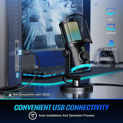 FIFINE Gaming PC Microphone, USB Streaming Microphone with Game Chat Balance, Computer Condenser Desktop RGB Mic with Mute Button, Noise Cancellation for Podcast/Twitch/Discord-AMPLIGAME AM6