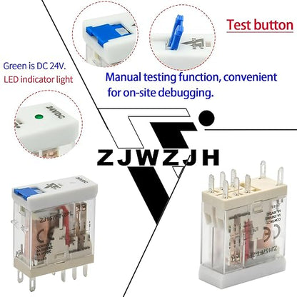 UL Listed 6 Pcs 8-Amp Electromagnetic Relay 24V DC Relay DPDT 2NO 2NC 8Pin Socket Base with Indicator Light Module and Test Button