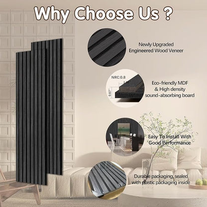 ARMURO Wood Panels for Wall - 2 Pack Black Panels for Wall Decor - Black Oak Wood Veneer Sound Absorbing Panel - Black Wall Panels 12.6" W x 94.5" L