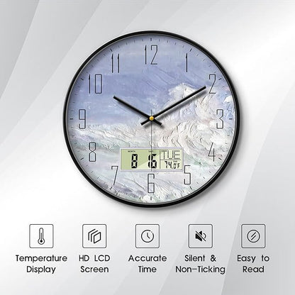 SCOAGE Digital Wall Clock Battery Operated with Day and Date Temperature Blue White Wave Calendar Clock with Large Display Silent for Room Bathroom Bedroom Living Room Farmhouse Decor 12 Inch