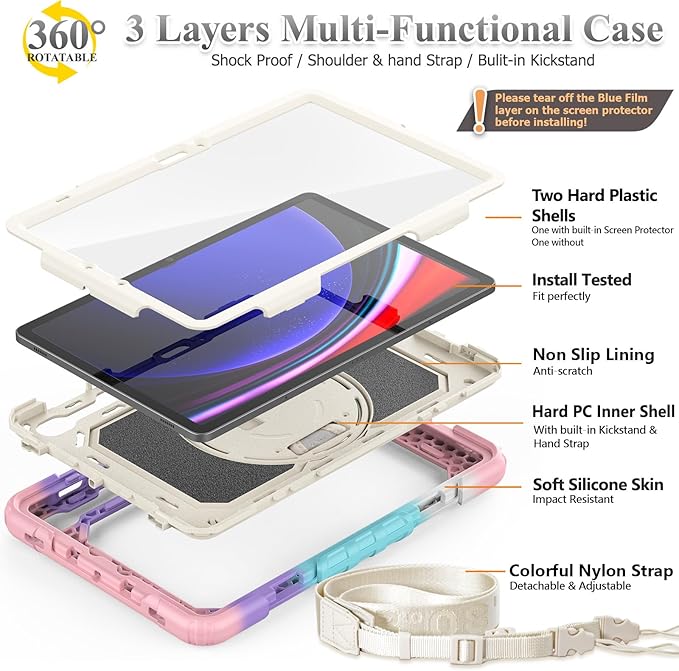 SEYMAC stock Case for Samsung Galaxy Tab S10 FE / S9 / S9 FE 5G Tablet Case Protective with Screen Protector, Pencil Holder, 360 Rotate Stand, Hand Strap, Shoulder Strap, Beige+Pink