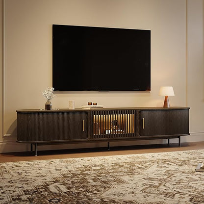 POVISON Sliding Tambour Door TV Stand with LED Lights, Mid Century Modern TV Console, Wood Media Console, Entertainment Center with Storage Cabinet, Fully-Assembled (Black, 94.49")