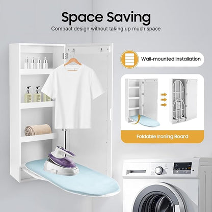 Ropoana Wall Mount Ironing Board Cabinet, Built-in Swivel Ironing Board Foldable with Storage, Wall Hanging with Mirror, Foldable Iron Storage Station for Home, Apartment, Checkrooms, White