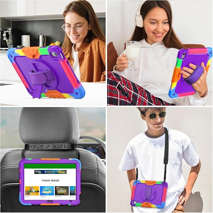 BLOSOMEET Case for iPad A16 11th/10th Generation 11''/10.9'' 2025/2022 with Tempered Glass Screen Protector & Pencil Holder, Rugged Military Grade Cover w/Stand Hand Shoulder Strap, Purple