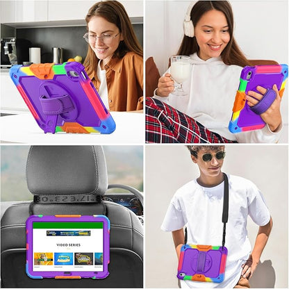 BLOSOMEET Case for iPad A16 11th/10th Generation 11''/10.9'' 2025/2022 with Tempered Glass Screen Protector & Pencil Holder, Rugged Military Grade Cover w/Stand Hand Shoulder Strap, Purple