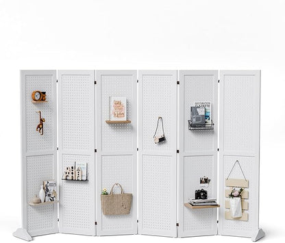 Bonnlo 4/6 Panel Pegboard Freestanding, 5 FT Portable Display Board Organizer for Craft Show Jewelry, Wooden Folding Privacy Screen Room Divider (White, 6 Panel with Base)