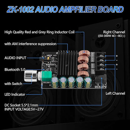 ZK-1002 Bluetooth 5.0 Audio Amplifier Board, 100W x 2 2.0 Channel Mini HiFi Power Amplifier Receiver with Volume Control, BT and AUX Inputs, DC 5-27V Stereo AMP Module for Home DIY Speakers