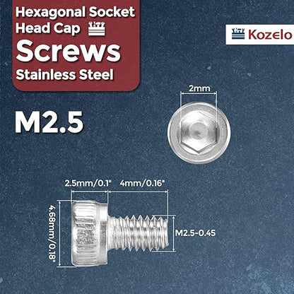 Kozelo 100pcs Socket Head Cap Screws - [M2.5-0.45 x 4mm] 304 Stainless Steel Allen Socket Drive for Electrical Motor 3D Printing Fan Engine Replacement Use, Silver