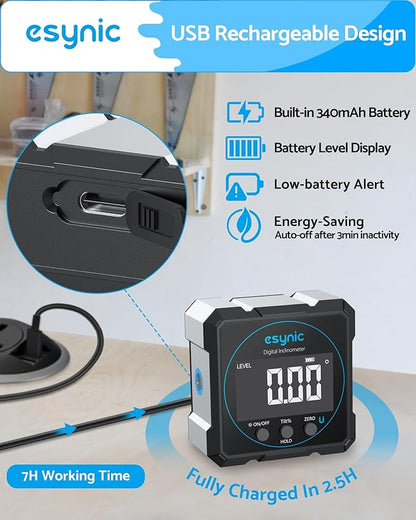 eSynic Digital Angle Finder with Laser USB-C Rechargeable Digital Inclinometer Level IP54 Waterpoof 4 Sides Magnetic Angle Gauge-Auto Off Backlight LCD Display for Construction (Laser Level: Class II)