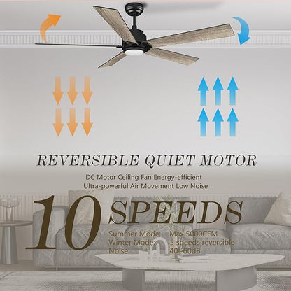 SMAAIR Smart Ceiling Fans with Lights and Remote, 60 Inch Low Profile Ceiling Fan with Dimmable LED Light, 10-Speed Reversible DC Motor Compatible with Alexa/Google Assistant/Siri (Walnut/Light Wood)