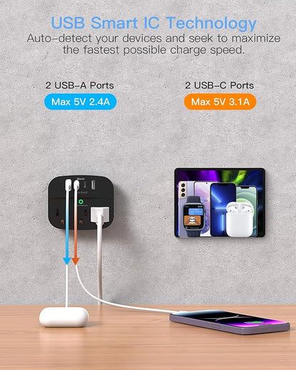 2 Pack Multi Plug Outlet Splitter with USB, Surge Protector Outlet Extender with 3 Wall Outlets 4 USB Wall Charger(2 USB C), 490 Joules, ETL Listed, Small Outlet Adapter Plug Extender for Travel,Black